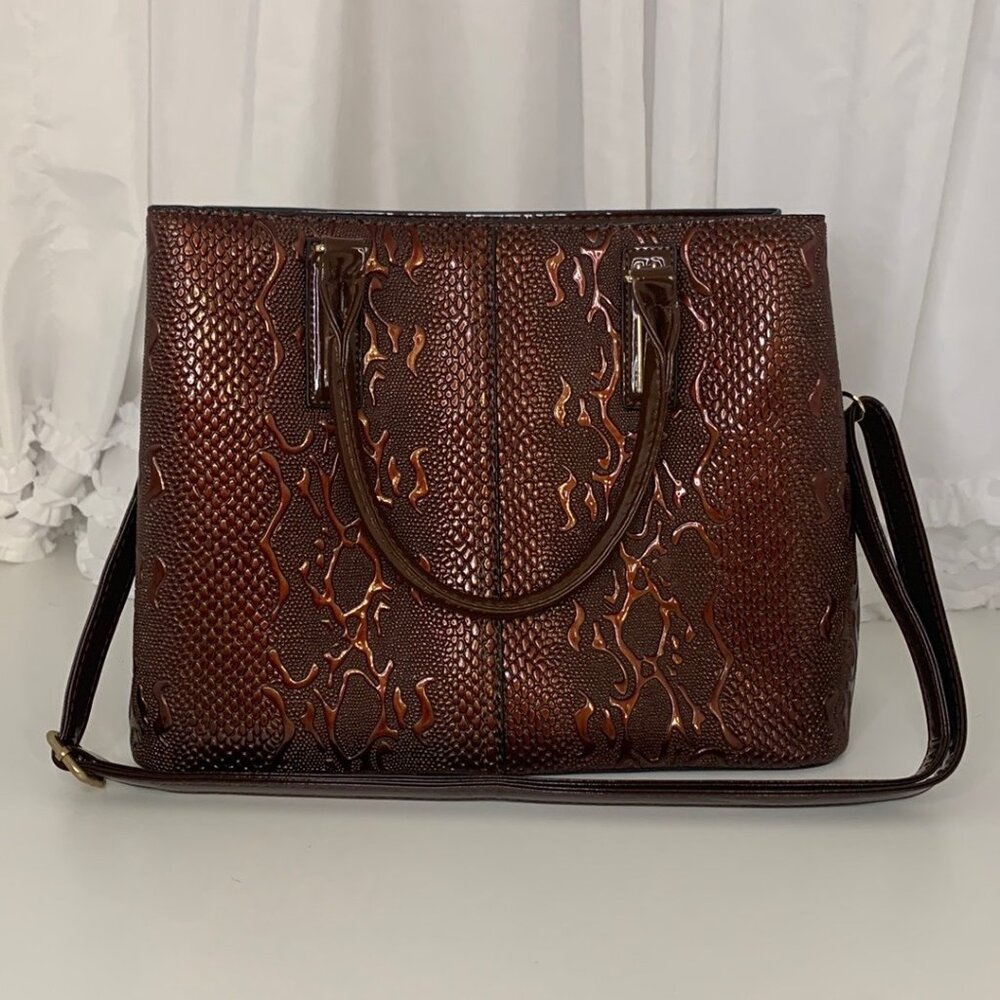Python Print Embossed Patent Brown Shoulder Bag W… - image 2